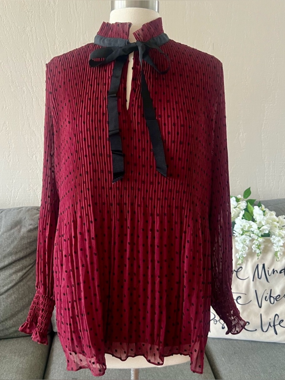 Wine Red Pleated Polka Dot Tie Neck Blouse
